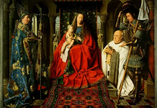 1436. Мадонна с Младенцем и каноником Йорисом ван дер Паеле: тронная сцена с донатором и святыми в интерьере готического храма