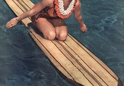 1939. Реклама круизной линии Matson: девушка на доске для серфинга у берегов Вайкики, образ отдыха и путешествий